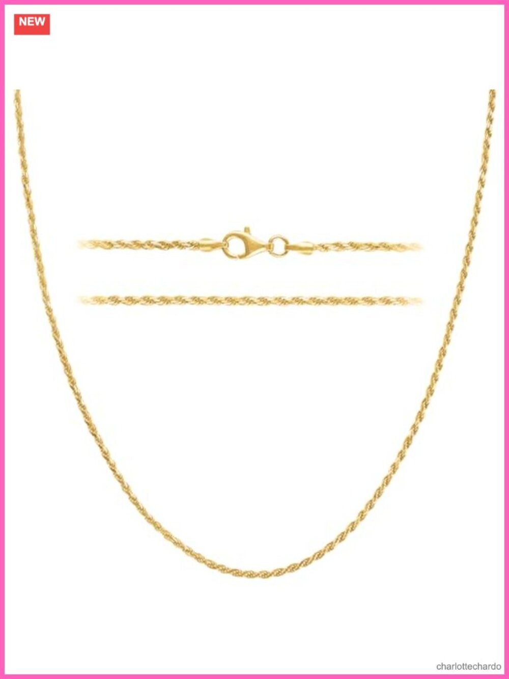 Gold Plated Sterling Silver Rope Chain Necklace 18" for Women Men